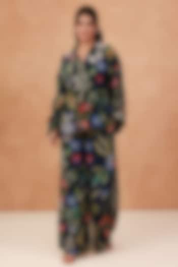 Blue Natural Crepe Hand Embroidered Co-Ord Set by AROOP SHOP INDIA at Pernia's Pop Up Shop