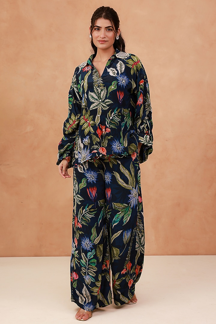 Blue Natural Crepe Hand Embroidered Co-Ord Set by AROOP SHOP INDIA at Pernia's Pop Up Shop