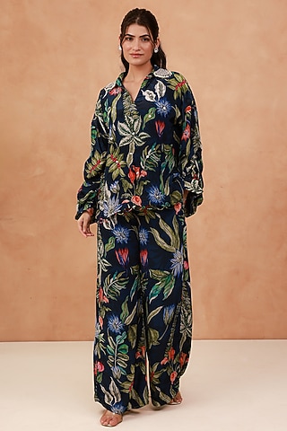 Blue Natural Crepe Hand Embroidered Co-Ord Set by AROOP SHOP INDIA