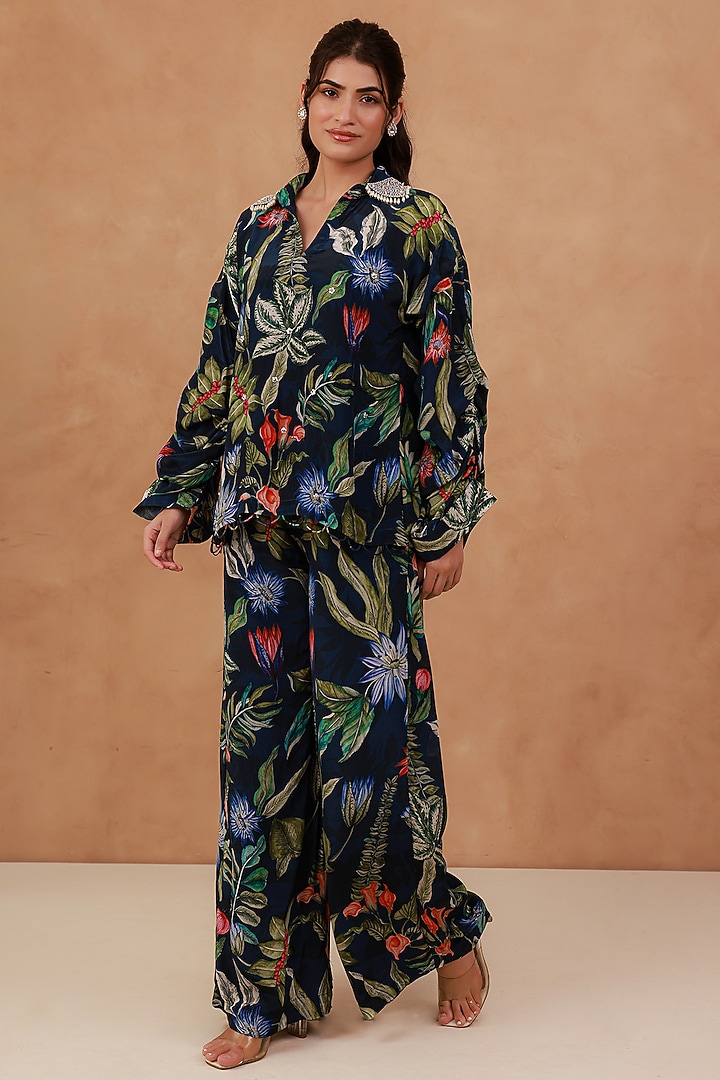 Blue Natural Crepe Hand Embroidered Co-Ord Set by AROOP SHOP INDIA at Pernia's Pop Up Shop