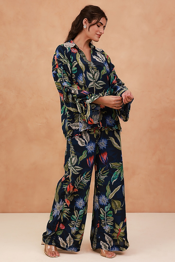 Blue Natural Crepe Hand Embroidered Co-Ord Set by AROOP SHOP INDIA at Pernia's Pop Up Shop