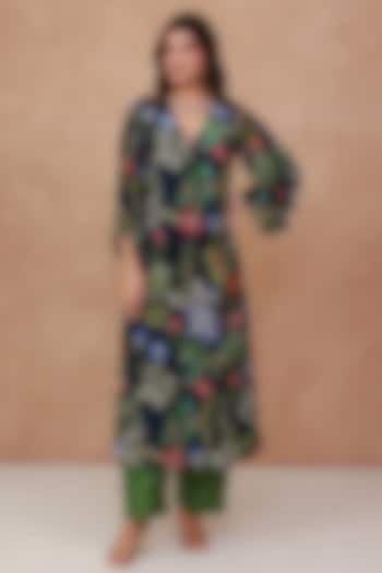 Blue Natural Crepe Printed & Embroidered Kurta Set by AROOP SHOP INDIA at Pernia's Pop Up Shop