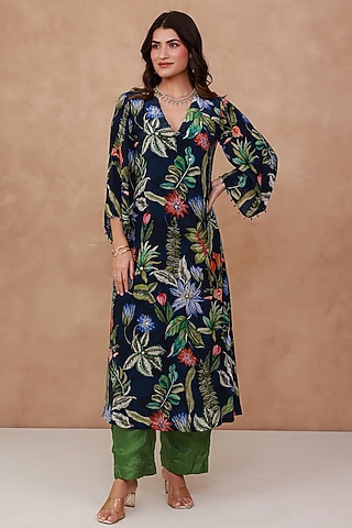 Blue Natural Crepe Printed & Embroidered Kurta Set by AROOP SHOP INDIA