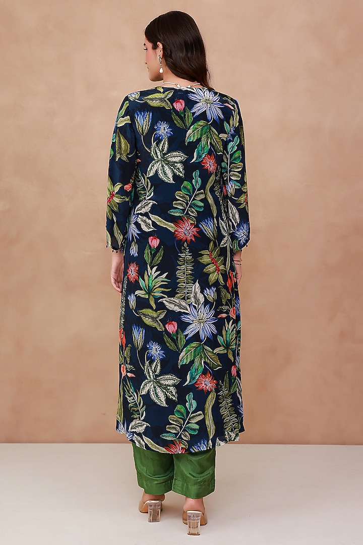 Blue Natural Crepe Printed & Embroidered Kurta Set by AROOP SHOP INDIA at Pernia's Pop Up Shop