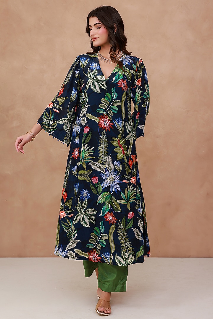 Blue Natural Crepe Printed & Embroidered Kurta Set by AROOP SHOP INDIA at Pernia's Pop Up Shop