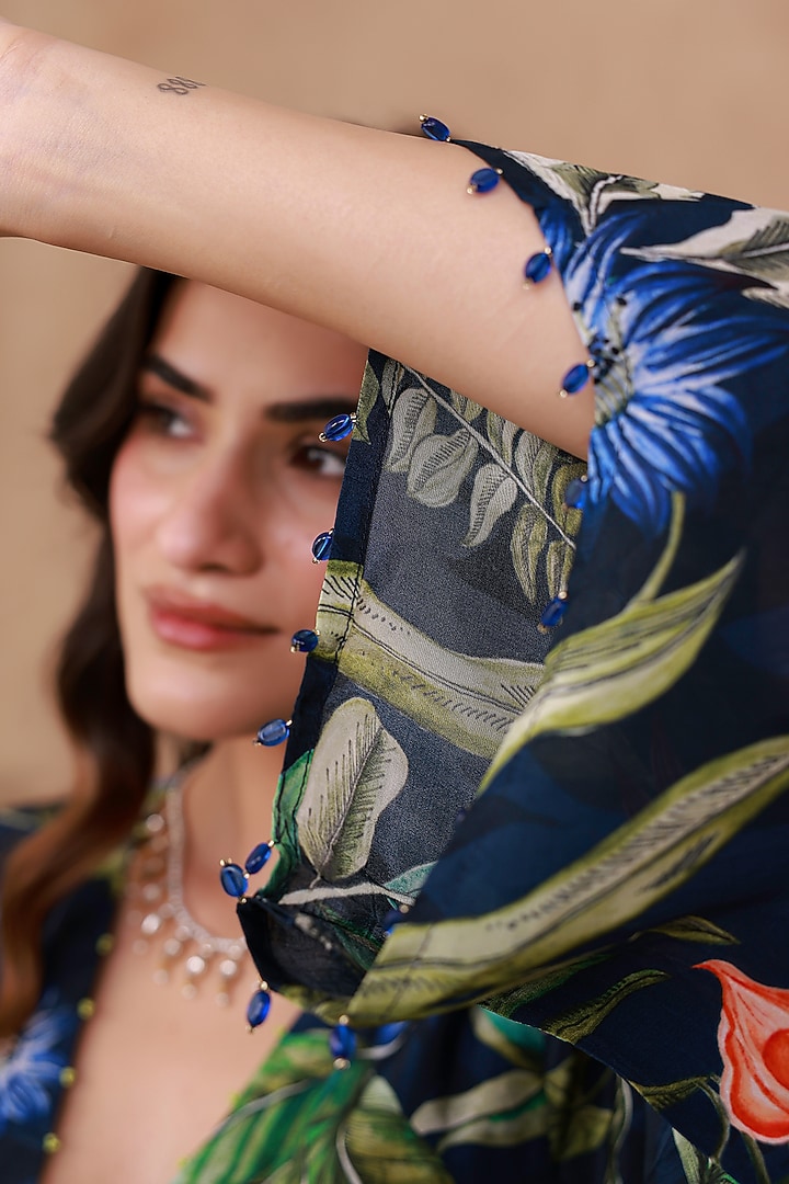 Blue Natural Crepe Printed & Embroidered Kurta Set by AROOP SHOP INDIA at Pernia's Pop Up Shop
