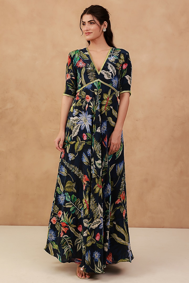 Blue Natural Crepe Hand Embroidered Summer Dress by AROOP SHOP INDIA at Pernia's Pop Up Shop