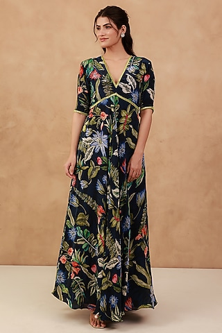 Blue Natural Crepe Hand Embroidered Dress by AROOP SHOP INDIA