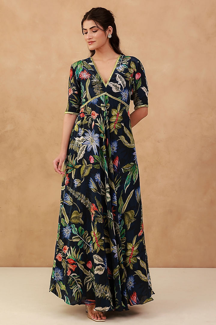 Blue Natural Crepe Hand Embroidered Summer Dress by AROOP SHOP INDIA at Pernia's Pop Up Shop
