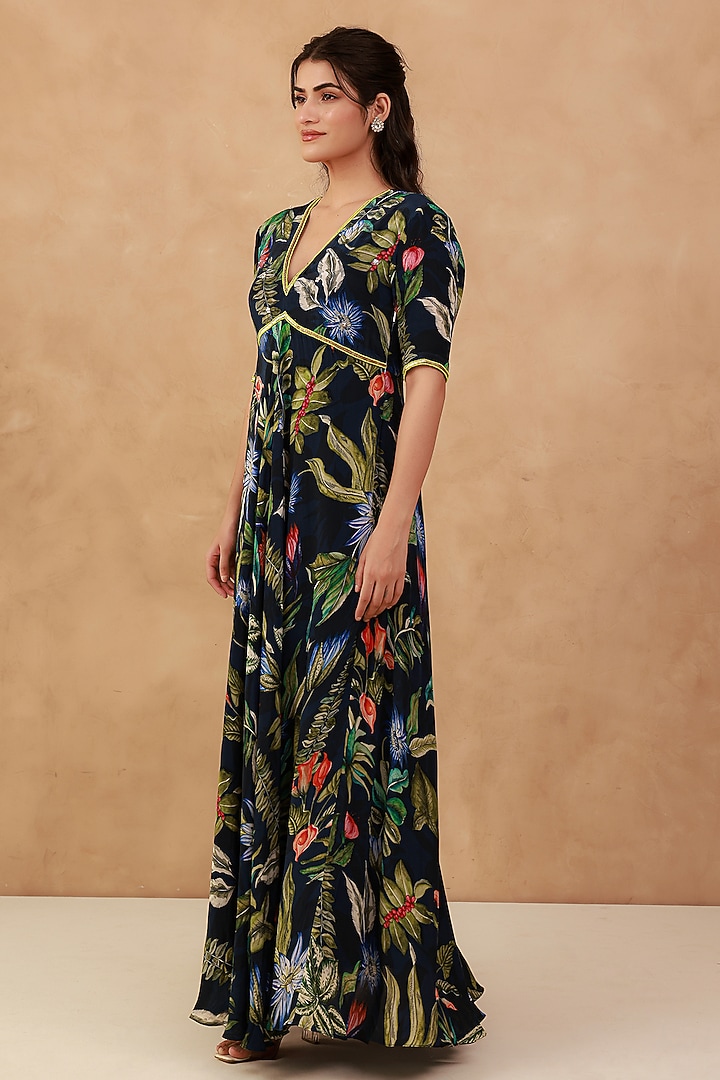 Blue Natural Crepe Hand Embroidered Summer Dress by AROOP SHOP INDIA at Pernia's Pop Up Shop