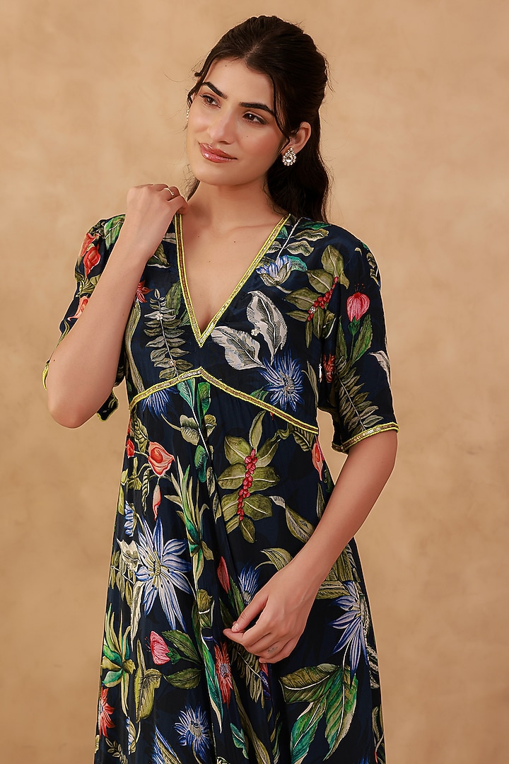 Blue Natural Crepe Hand Embroidered Summer Dress by AROOP SHOP INDIA at Pernia's Pop Up Shop