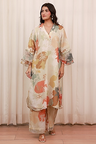 Beige Recycled Chiffon Printed Kurta Set by AROOP SHOP INDIA