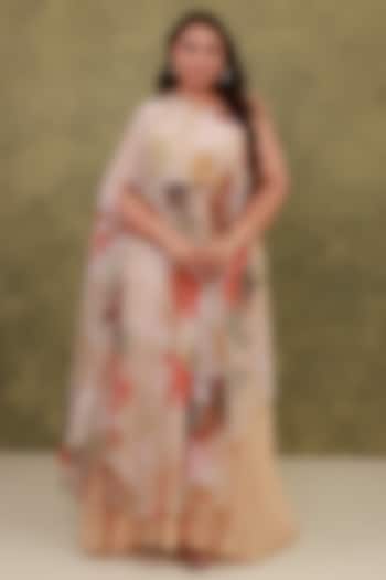Beige Recycled Chiffon Printed Cape Set by AROOP SHOP INDIA at Pernia's Pop Up Shop