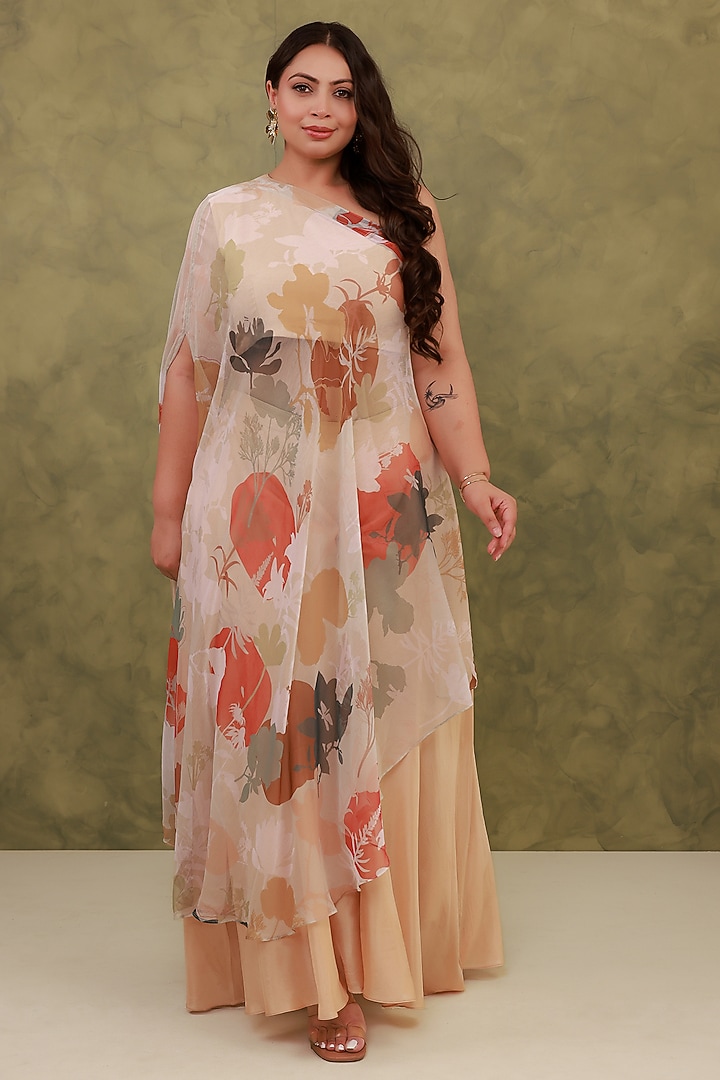 Beige Recycled Chiffon Printed Cape Set by AROOP SHOP INDIA at Pernia's Pop Up Shop