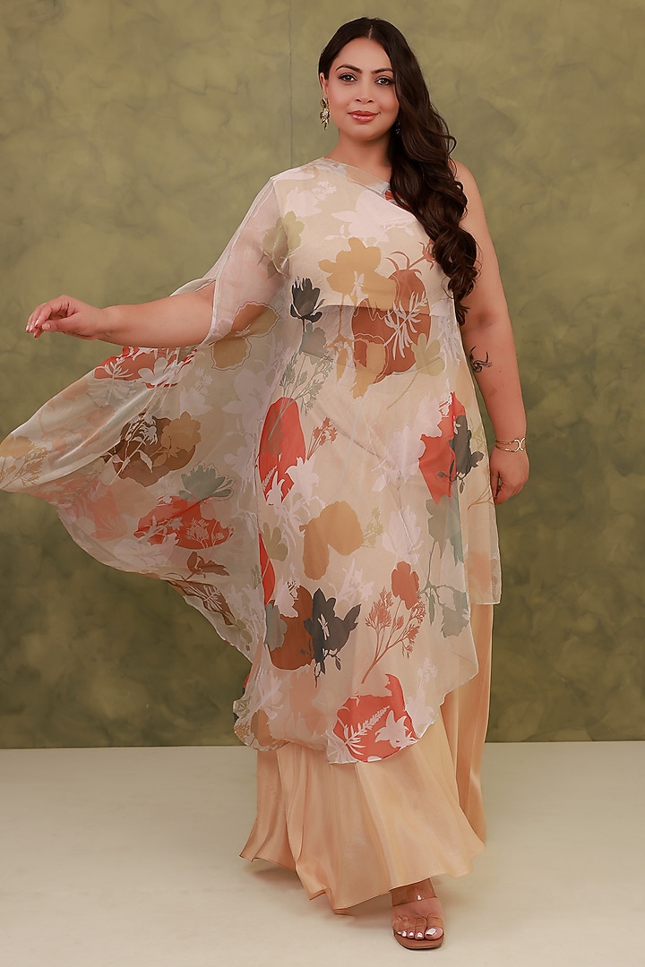 Beige Recycled Chiffon Printed Cape Set by AROOP SHOP INDIA at Pernia's Pop Up Shop