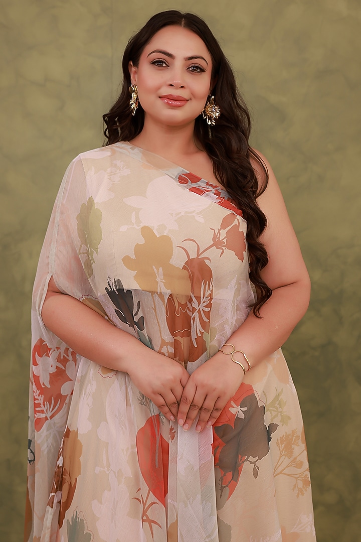 Beige Recycled Chiffon Printed Cape Set by AROOP SHOP INDIA at Pernia's Pop Up Shop