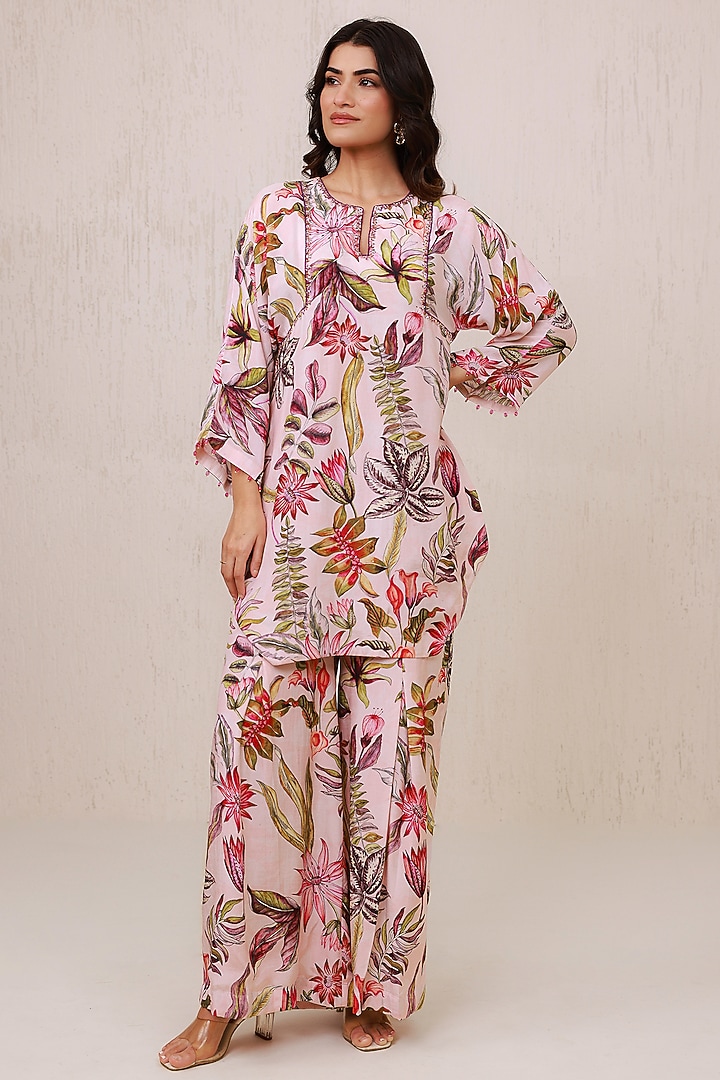 Pink Natural Crepe Embroidered Co-Ord Set by AROOP SHOP INDIA at Pernia's Pop Up Shop