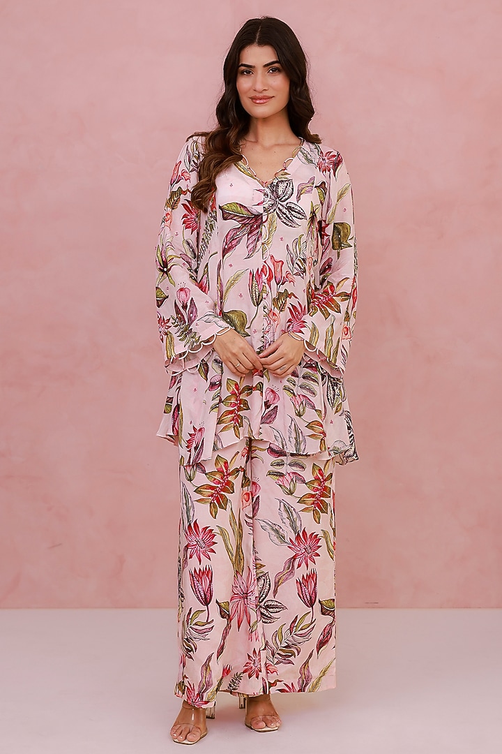 Pink Natural Crepe Hand Embroidered Co-Ord Set by AROOP SHOP INDIA at Pernia's Pop Up Shop