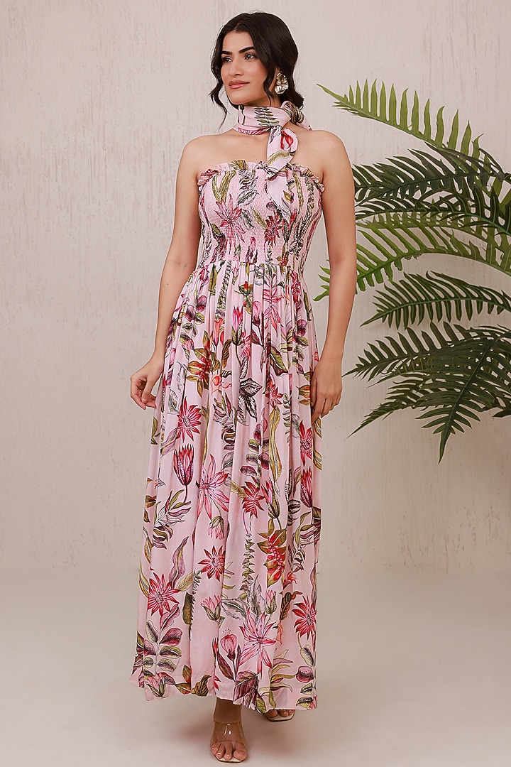 Pink Natural Crepe Ruffled Maxi Summer Dress by AROOP SHOP INDIA at Pernia's Pop Up Shop