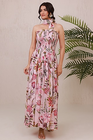 Pink Natural Crepe Ruffled Maxi Dress by AROOP SHOP INDIA