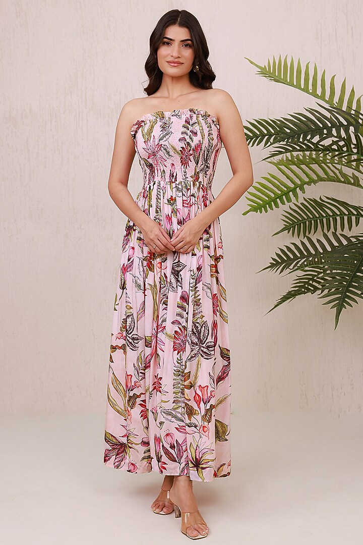 Pink Natural Crepe Ruffled Maxi Summer Dress by AROOP SHOP INDIA at Pernia's Pop Up Shop