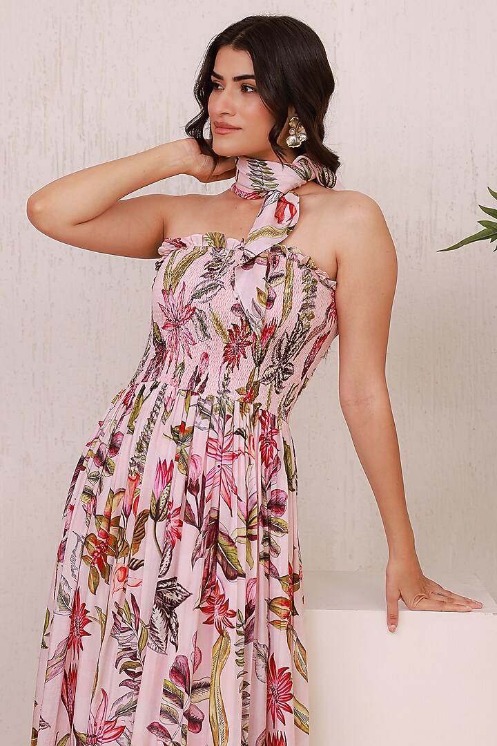 Pink Natural Crepe Ruffled Maxi Summer Dress by AROOP SHOP INDIA at Pernia's Pop Up Shop