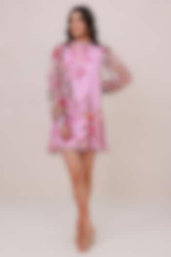 Pink Recycled Chiffon Floral Ruffled Mini Summer Dress by AROOP SHOP INDIA at Pernia's Pop Up Shop