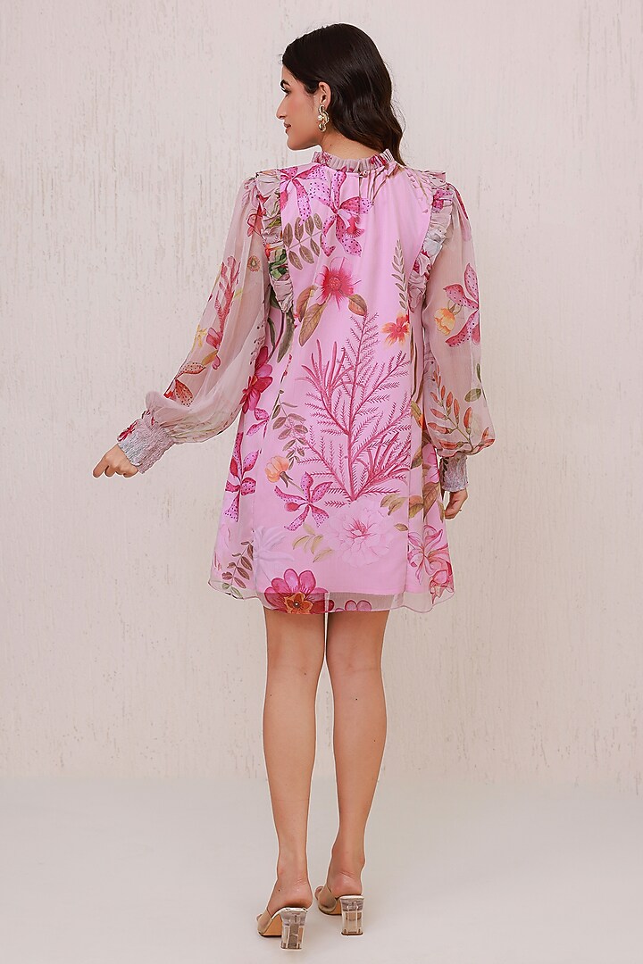Pink Recycled Chiffon Floral Ruffled Mini Summer Dress by AROOP SHOP INDIA at Pernia's Pop Up Shop