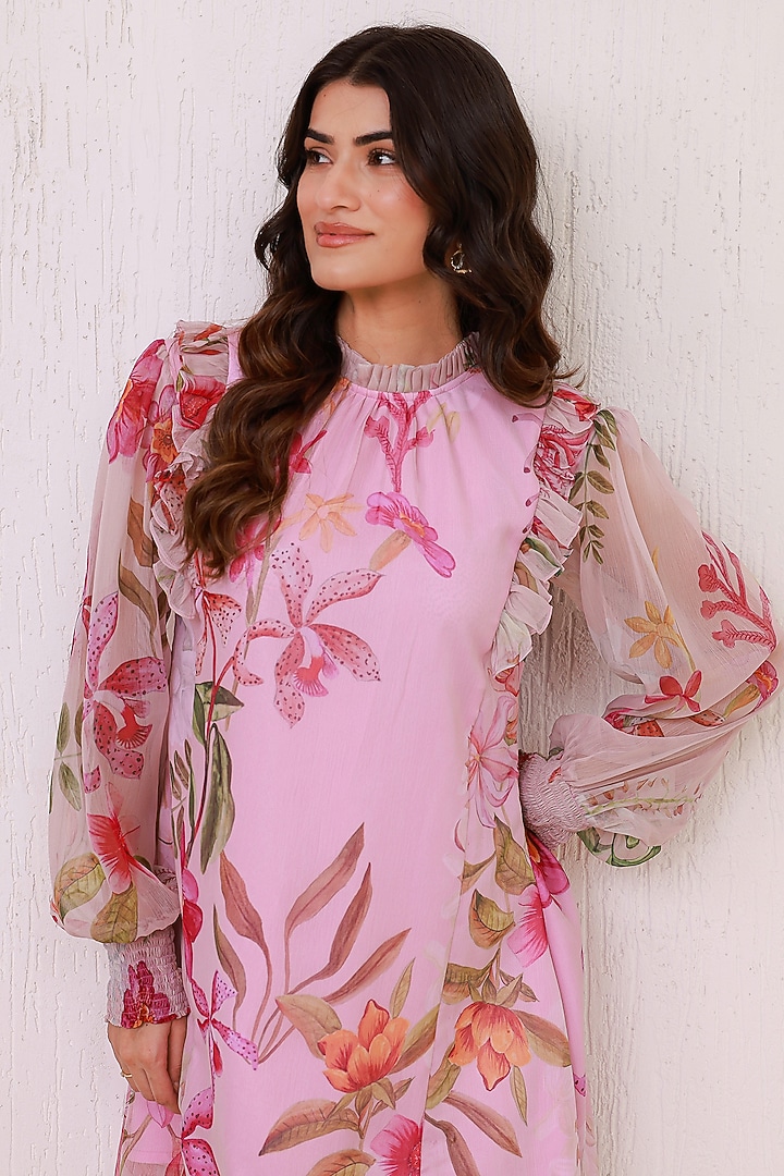 Pink Recycled Chiffon Floral Ruffled Mini Summer Dress by AROOP SHOP INDIA at Pernia's Pop Up Shop