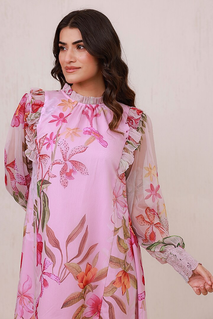 Pink Recycled Chiffon Floral Ruffled Mini Summer Dress by AROOP SHOP INDIA at Pernia's Pop Up Shop