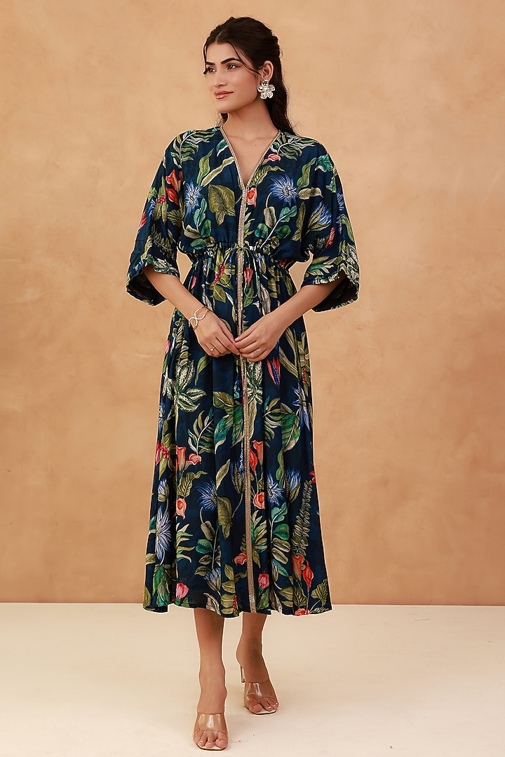 Blue Natural Crepe Kaftan Summer Dress by AROOP SHOP INDIA at Pernia's Pop Up Shop