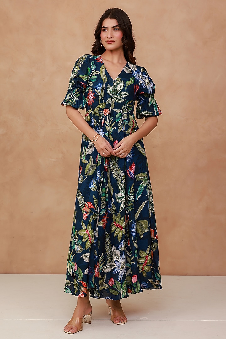 Blue Natural Crepe Floral Maxi Summer Dress by AROOP SHOP INDIA at Pernia's Pop Up Shop