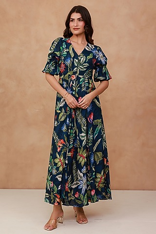 Blue Natural Crepe Floral Maxi Dress by AROOP SHOP INDIA