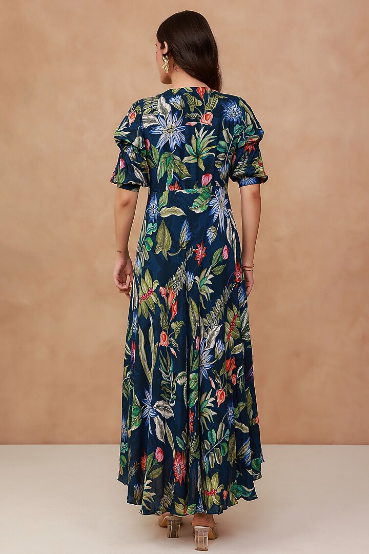 Blue Natural Crepe Floral Maxi Summer Dress by AROOP SHOP INDIA at Pernia's Pop Up Shop