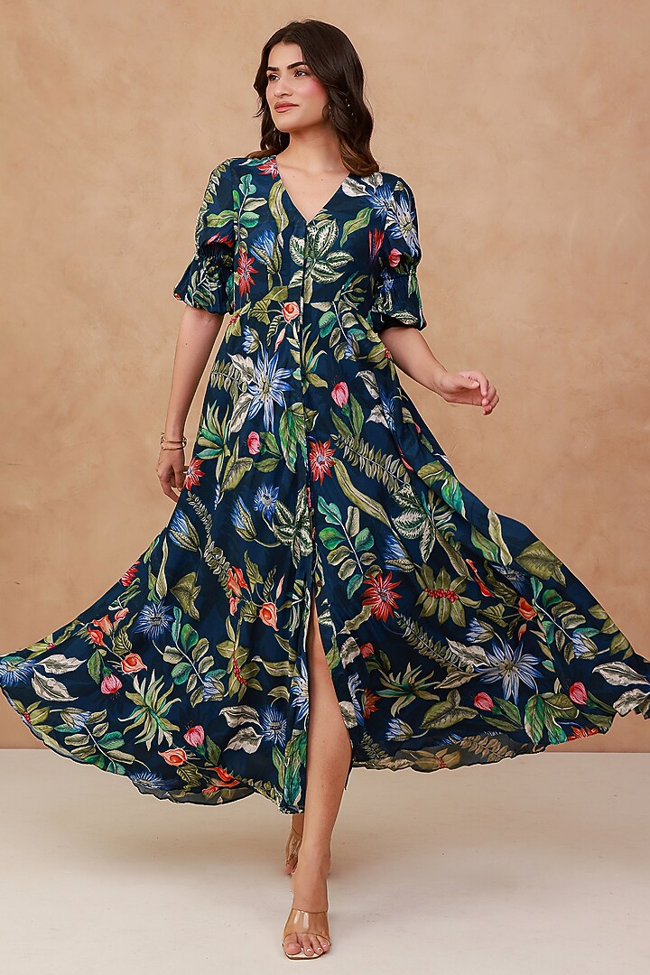 Blue Natural Crepe Floral Maxi Summer Dress by AROOP SHOP INDIA at Pernia's Pop Up Shop