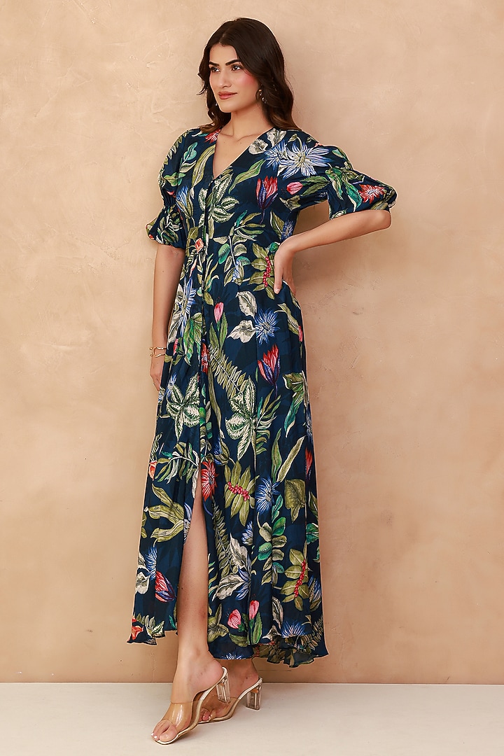 Blue Natural Crepe Floral Maxi Summer Dress by AROOP SHOP INDIA at Pernia's Pop Up Shop