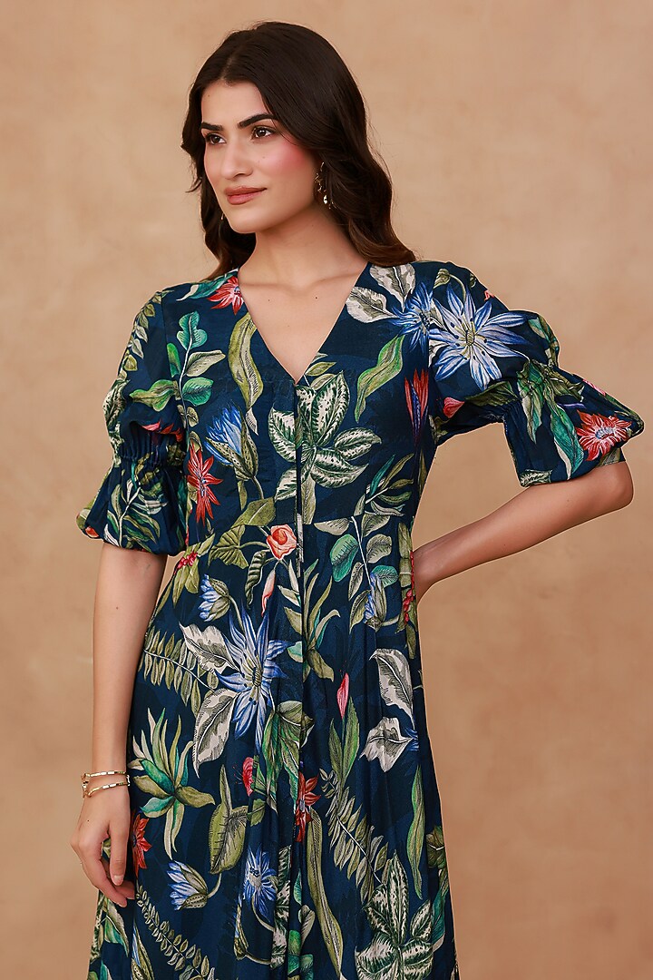 Blue Natural Crepe Floral Maxi Summer Dress by AROOP SHOP INDIA at Pernia's Pop Up Shop
