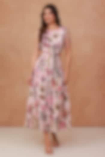 Pink Natural Crepe Floral Midi Summer Dress by AROOP SHOP INDIA at Pernia's Pop Up Shop