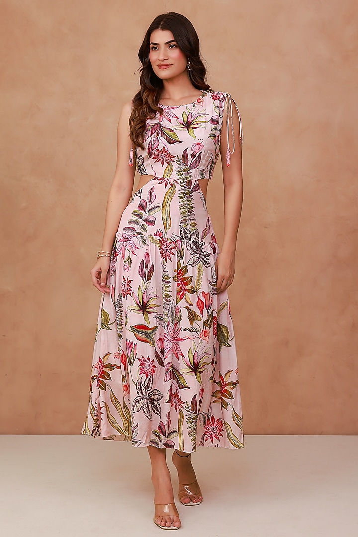 Pink Natural Crepe Floral Midi Summer Dress by AROOP SHOP INDIA at Pernia's Pop Up Shop