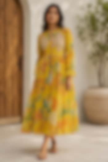 Yellow Recycled Chiffon Floral Printed Summer Dress by AROOP SHOP INDIA at Pernia's Pop Up Shop
