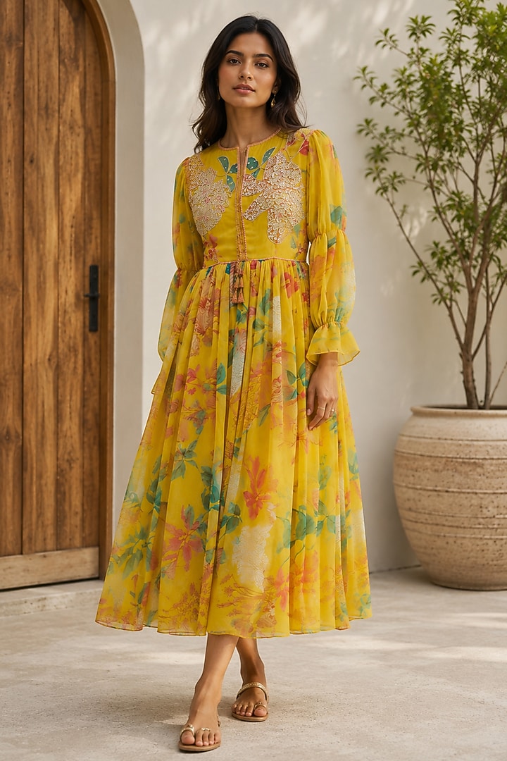 Yellow Recycled Chiffon Floral Printed Summer Dress by AROOP SHOP INDIA at Pernia's Pop Up Shop