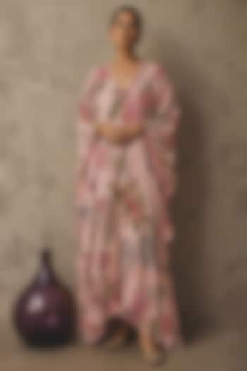 Pink Recycled Chiffon Floral Printed Kaftan by AROOP SHOP INDIA at Pernia's Pop Up Shop