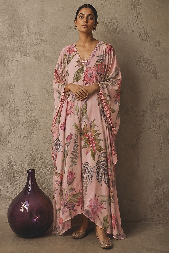 Pink Recycled Chiffon Floral Printed Kaftan by AROOP SHOP INDIA at Pernia's Pop Up Shop