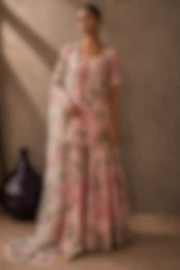 Pink Recycled Chiffon Floral Printed Party Wear Sharara Set by AROOP SHOP INDIA at Pernia's Pop Up Shop