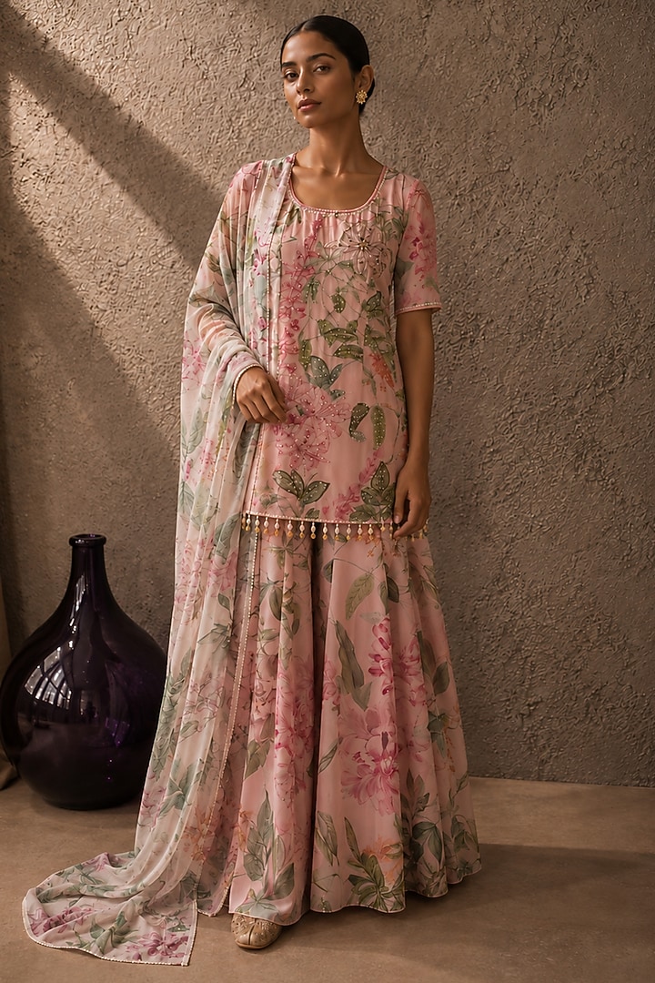 Pink Recycled Chiffon Floral Printed Party Wear Sharara Set by AROOP SHOP INDIA at Pernia's Pop Up Shop