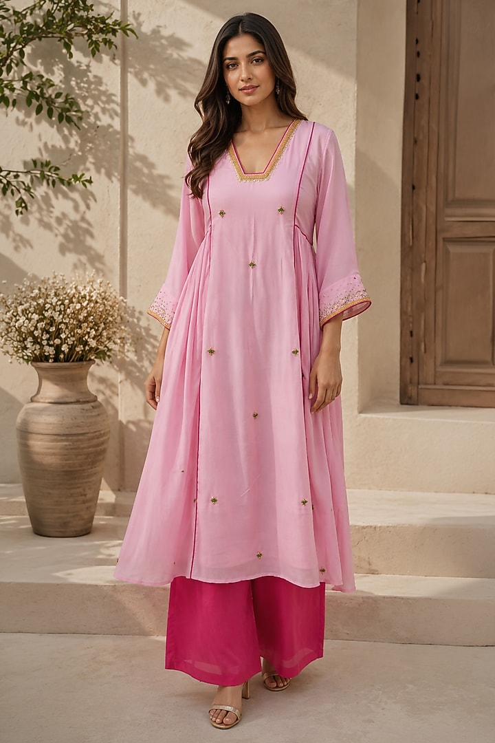 Pastel Pink Cotton Embellished Kurta Set by AROOP SHOP INDIA at Pernia's Pop Up Shop