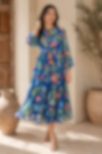 Blue Recycled Chiffon Floral Printed Midi Summer Dress by AROOP SHOP INDIA at Pernia's Pop Up Shop