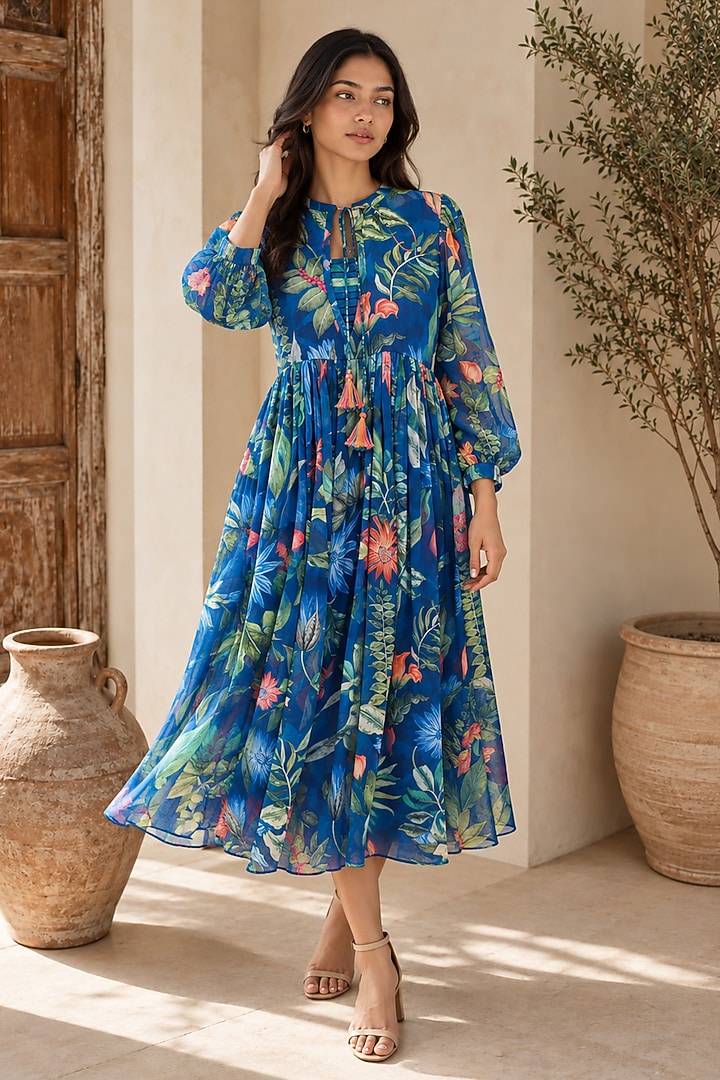 Blue Recycled Chiffon Floral Printed Midi Summer Dress by AROOP SHOP INDIA at Pernia's Pop Up Shop