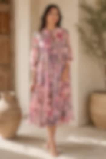 Pink Recycled Chiffon Floral Printed Midi Summer Dress by AROOP SHOP INDIA at Pernia's Pop Up Shop
