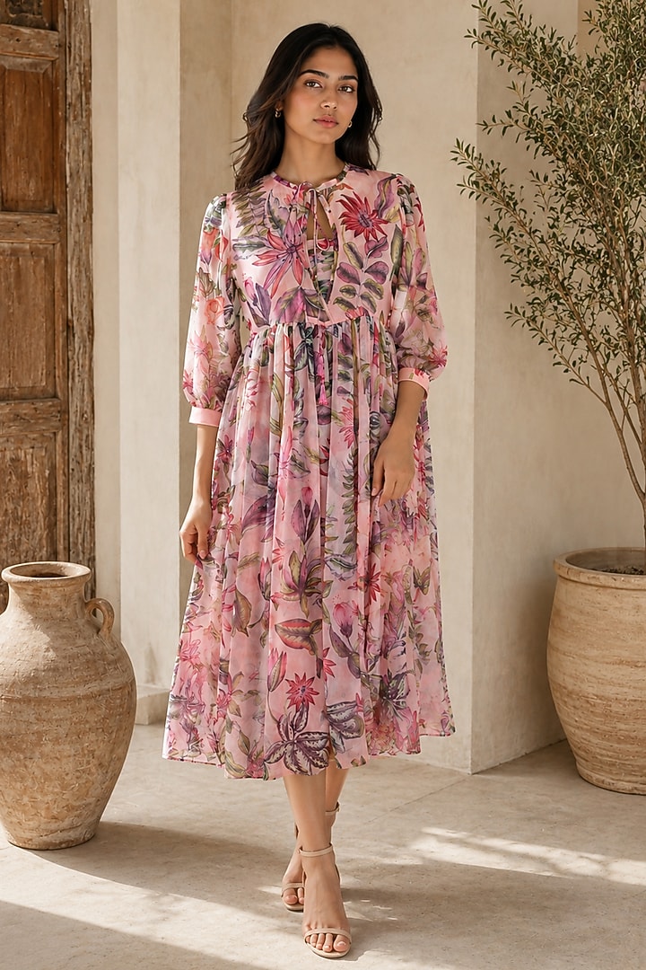 Pink Recycled Chiffon Floral Printed Midi Summer Dress by AROOP SHOP INDIA at Pernia's Pop Up Shop